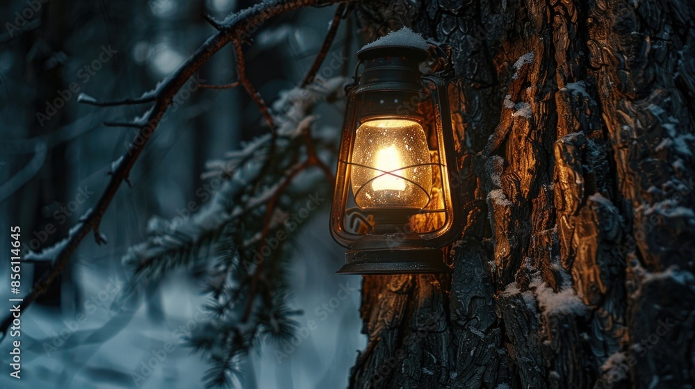 Poster a lantern hangs from a tree branch amidst winter scenery