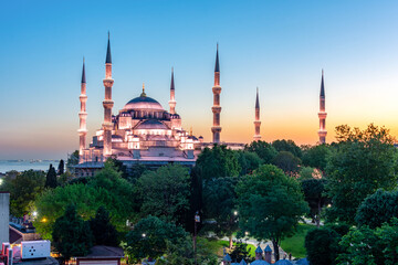 Blue or Sultan Ahmed mosque in center of Istanbul at sunset, Turkey