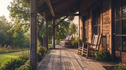 Fototapeta premium A cozy outdoor space with a rocking chair and vibrant flowers, perfect for relaxation or intimate gatherings