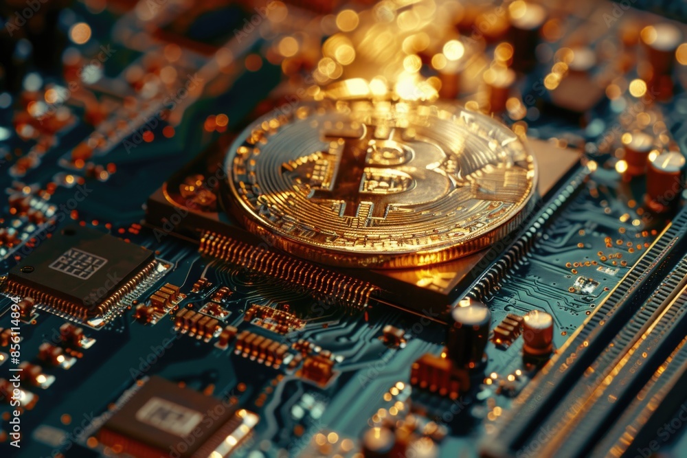 Poster A bitcoin coin sitting on top of a computer motherboard, suitable for tech and finance related themes