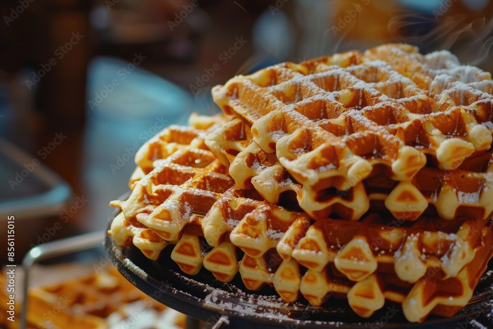 Poster a plate of golden-brown waffles topped with a generous amount of powdered sugar
