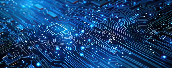 Close-up of a Circuit Board with Glowing Blue Lines