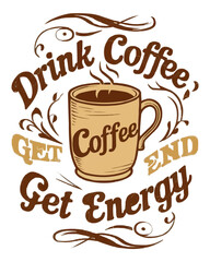 Design a t-shirt featuring a vintage-style coffee mug at the center, surrounded by decorative swirls and steam rising from it. 