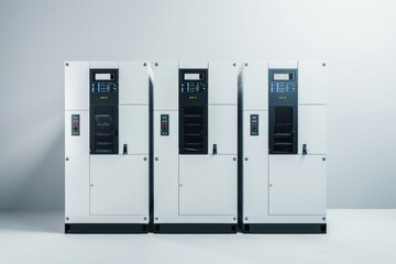 A collection of machines arranged in a row, possibly for manufacturing or storage purposes