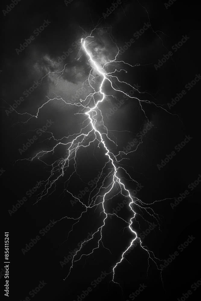 Poster a photograph of a lightning bolt in black and white, ideal for use as a background or to add drama t