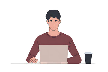 A man working on a laptop, depicted in a sleek flat design with minimalist aesthetics