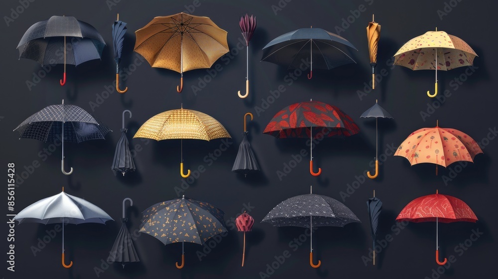 Poster A collection of colorful umbrellas hung on a wall, ready for use or display