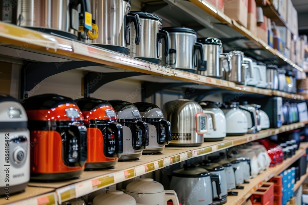 Poster a store shelf filled with various appliances, ideal for use in editorial or commercial contexts such