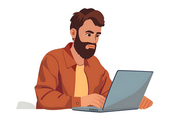 A man working on a laptop, depicted in a sleek flat design with minimalist aesthetics.