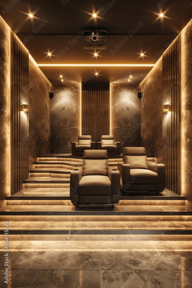 Poster interior shot of a movie theater with a row of seats and a projector screen
