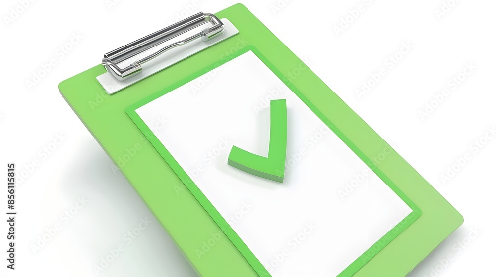Poster clipboard check icon for project completion - 3d render in green and white