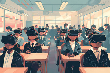 Obraz premium Students in class wear VR headsets, explore digital worlds in immersive tech training. Virtual reality education at modern academy. Pupils learn through interactive VR systems, skills development.