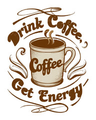 Design a t-shirt featuring a vintage-style coffee mug at the center, surrounded by decorative swirls and steam rising from it. 
