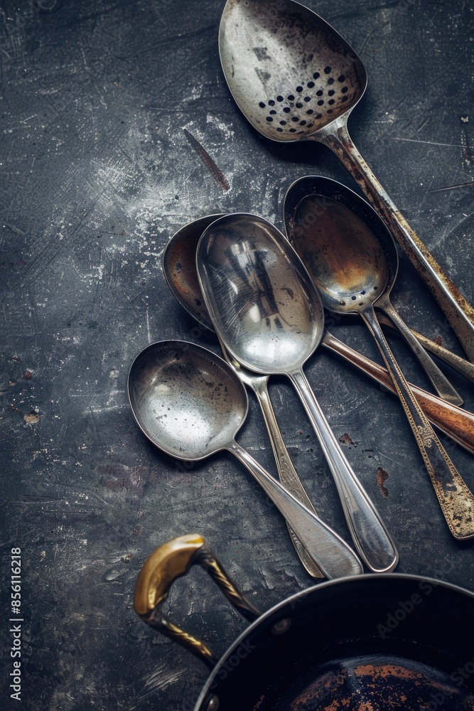 Poster a collection of silver spoons and spoons arranged on a table