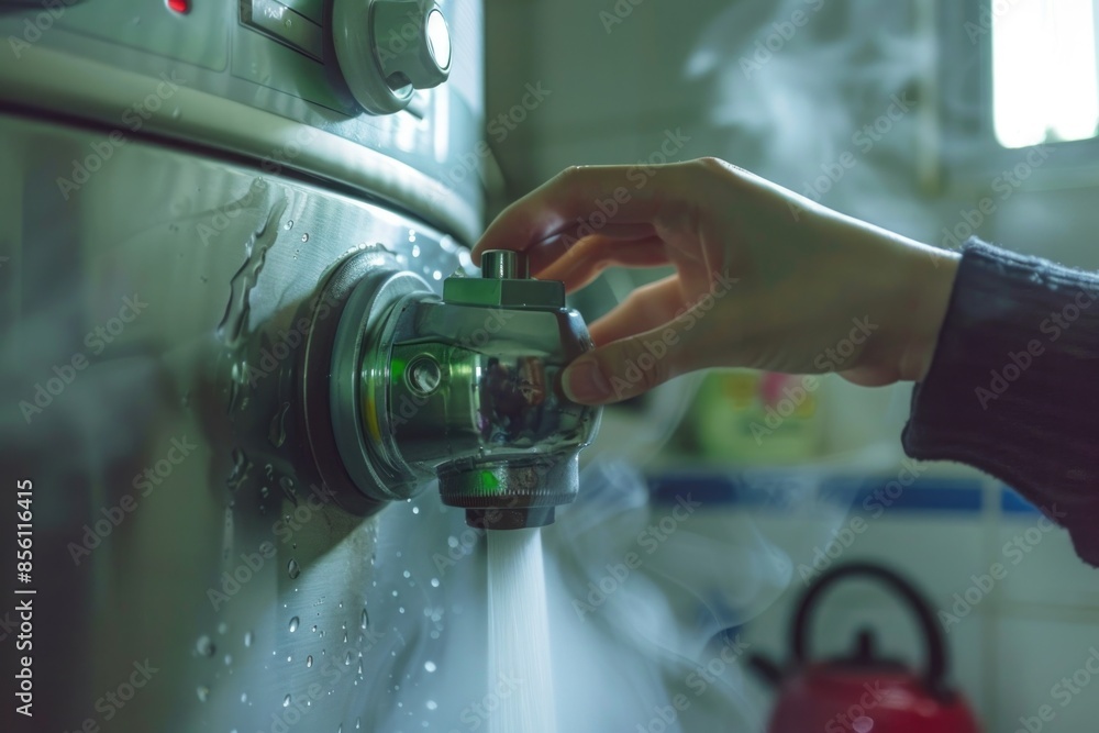 Poster A person's hand is touching a water faucet with a hint of moisture and slight wear