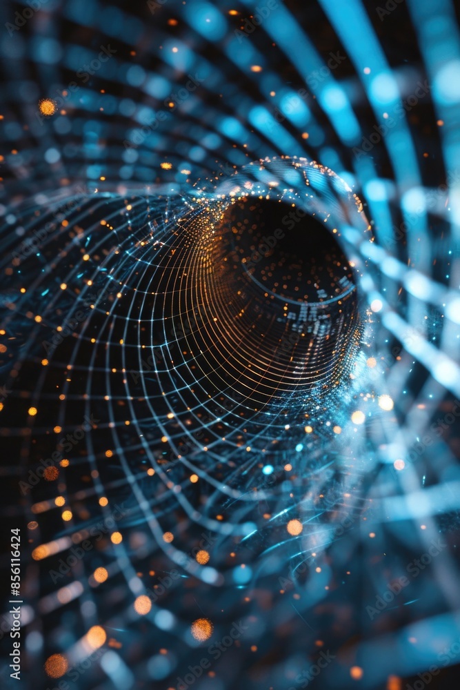 Poster a close-up view of a black hole with blue lights surrounding it, suitable for use in space-themed il