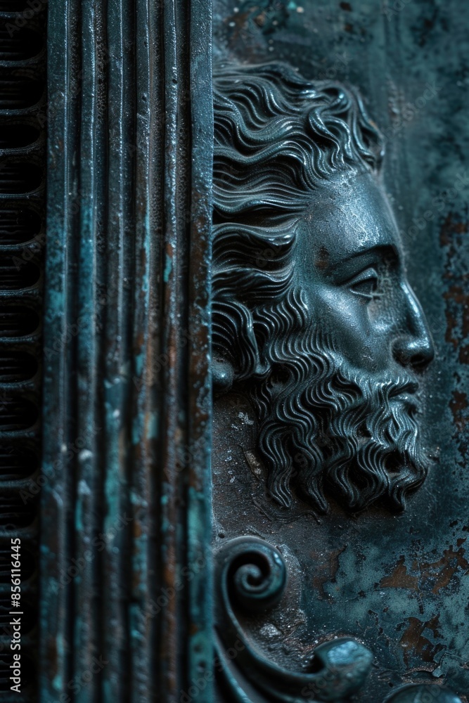 Poster a close-up shot of a statue depicting a man with a long beard
