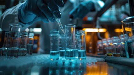A scientist is pouring liquid into a beaker