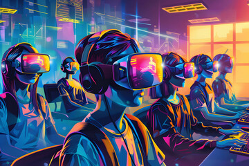 Concept art of digital transformation in education with students using VR or virtual reality, learning through online and using new technology to access information and knowledge