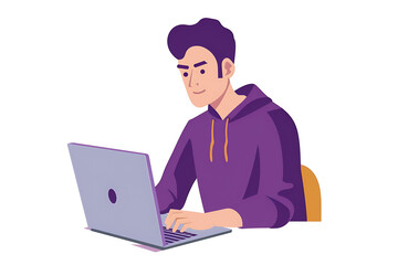 A man working on a laptop, depicted in a sleek flat design with minimalist aesthetics.