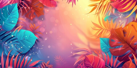 Vibrant Summer Illustration Background with Colorful Leaves. Capturing the Essence of Summer Atmosphere with Copy Space. High-Resolution AI-Generated Wallpaper.