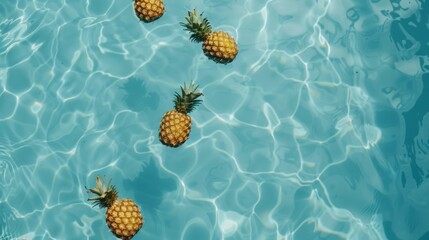 little pineapples floating in the pool, summer day, light blue water.