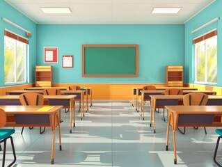 Empty classroom with desks and chairs, flat design, top view, academic theme, cartoon drawing, colored pastel