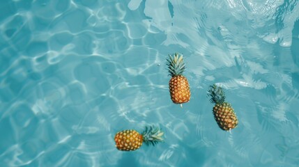 little pineapples floating in the pool, summer day, light blue water.