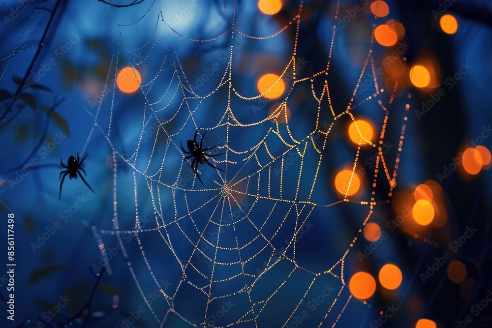 Poster a spider sits at the center of its intricate web, surrounded by sticky threads