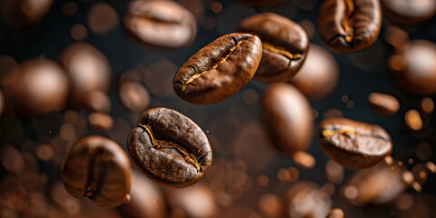 Fototapeta premium Fresh roasted coffee beans falling cinematic background wallpaper backdrop. Rich dark colors, fresh, hot, brown, brewing process, close up product shot