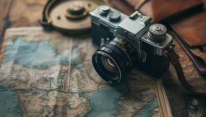 Top view of travel accessories,Traveler concept background,Blank notebook and camera on wooden table