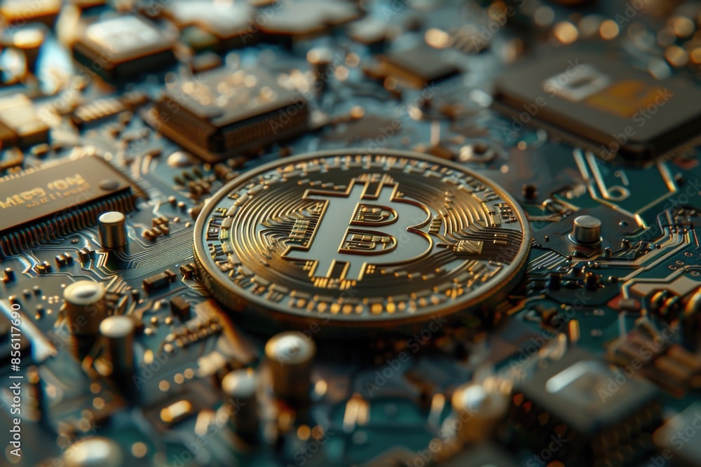 Poster cryptocurrency bitcoin sitting on top of computer motherboard, great for finance or tech related con