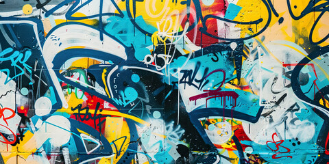 Obraz premium Graffiti street art abstract mural spray paint background wallpaper Backdrop. Tags, wildstyle throw up, piece, expressive wall painting in blue, purple, yellow and pink colors