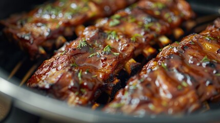 A close-up shot of ribs being cooked in a pan, great for food and cooking related content