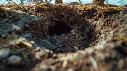 A close-up shot of a hole in the ground covered with moss, suitable for use in environmental or nature-themed designs