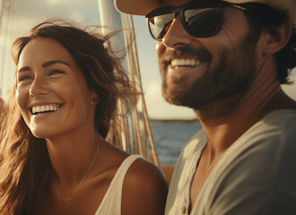 Сlose-up shot of a group of happy and smiling friends on a yacht