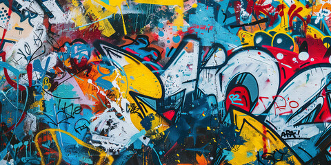 Naklejka premium Graffiti street art abstract mural spray paint background wallpaper Backdrop. Tags, wildstyle throw up, piece, expressive wall painting in blue, yellow, red and white colors