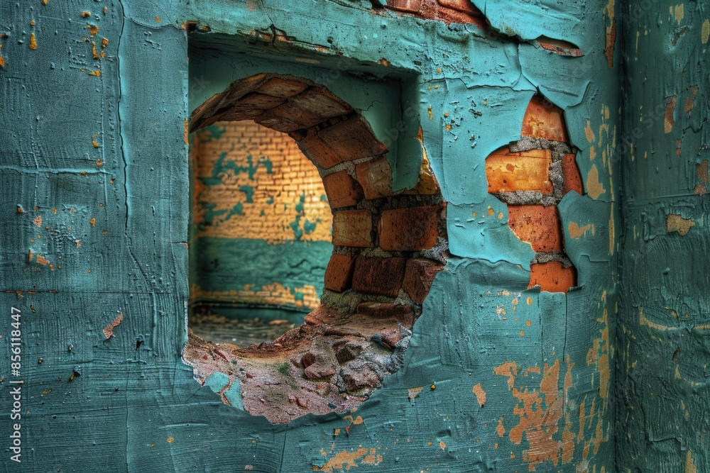 Aufkleber A worn-out old building with a hole in one of its walls, offering a glimpse into its decaying structure
