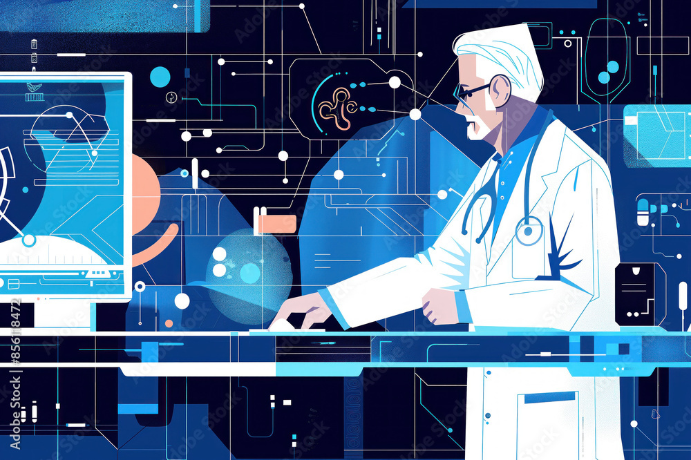 Poster senior doctor in lab uses advanced tech for research. expert in white coat analyzes data on large sc