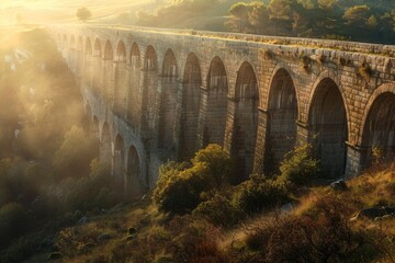Obraz premium A train travels over a bridge in a rural landscape with greenery and possibly buildings in the distance