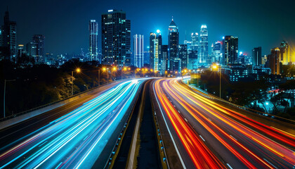 Obraz premium A city at night with a lot of traffic and tall buildings by AI generated image