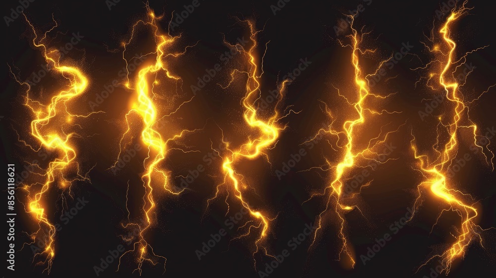 Poster A close-up shot of lightning streaks on a dark background, ideal for use in illustrations and designs related to weather, nature, or energy