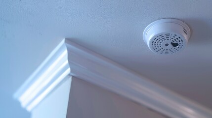A smoke detector installed on the ceiling of a residential home, providing early warning in case of fire
