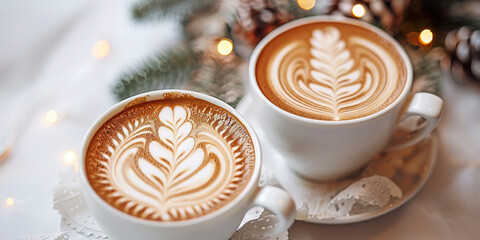 Coffee latte art christmas tree background wallpaper backdrop. Copy space, cup, fresh, artistic, creative concept, top view, holiday season, winter, cozy