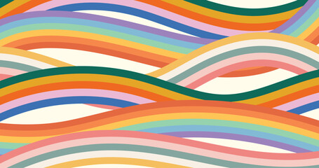 Retro Abstract Rainbow Stripes Background, 60s 70s Style, Groovy Pastel Waves, Psychedelic Design Banner Template