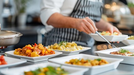 Catering event planner organizing menu (focus on, copy space) event catering (dynamic, overlay) catering kitchen