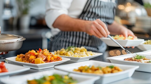 Catering event planner organizing menu (focus on, copy space) event catering (dynamic, overlay) catering kitchen