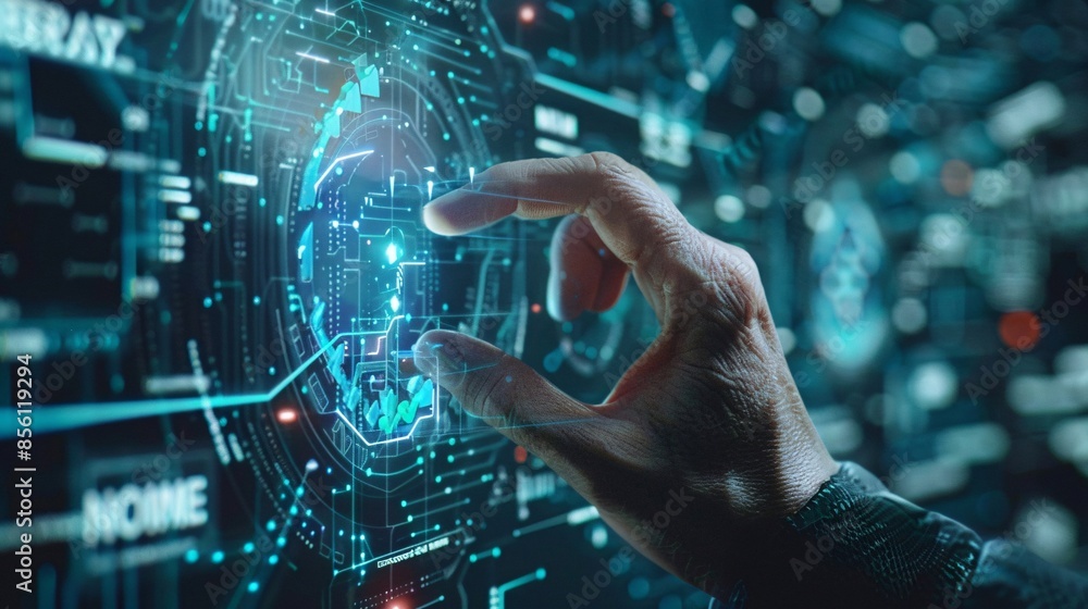 Poster a businessman interacting with a virtual screen, showcasing an nft token for digital crypto art and 