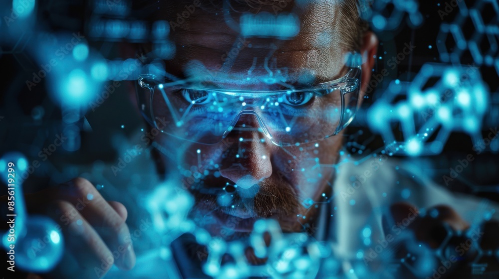 Wall mural a man in a lab coat is looking at a computer screen with a blue background