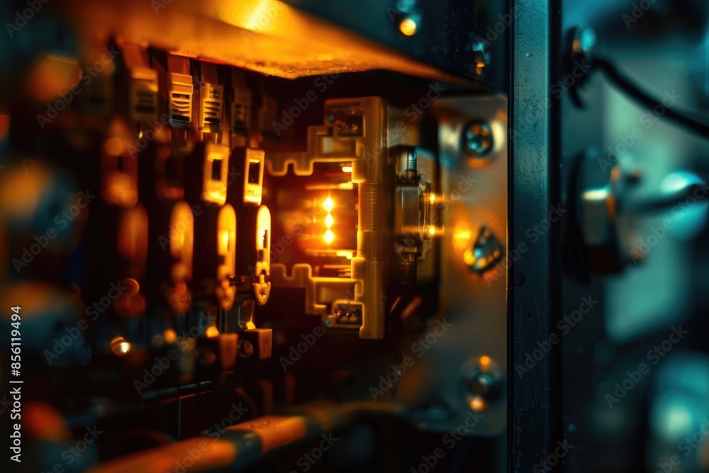 Poster Close-up view of a circuit board with a light illuminated, suitable for technology and electronics related content